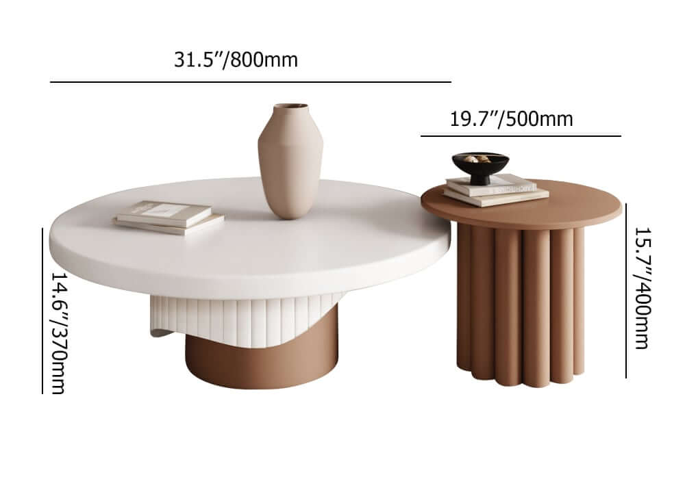 Japandi Round Coffee Table Set Of 2 - White & Walnut Dimensions