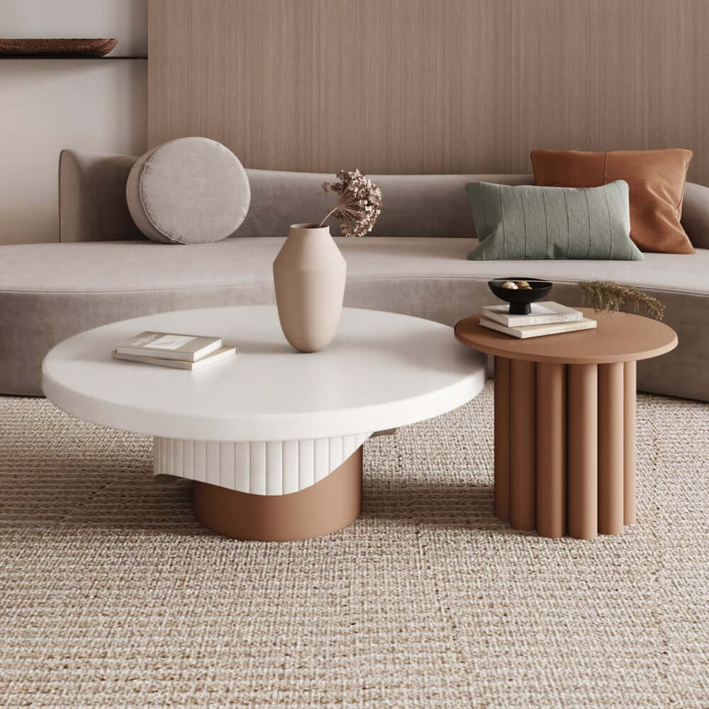 Japandi Round Coffee Table Set Of 2 - White & Walnut Main Product Image