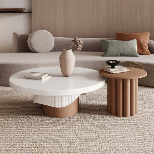 Japandi Round Coffee Table Set Of 2 - White & Walnut Main Product Image