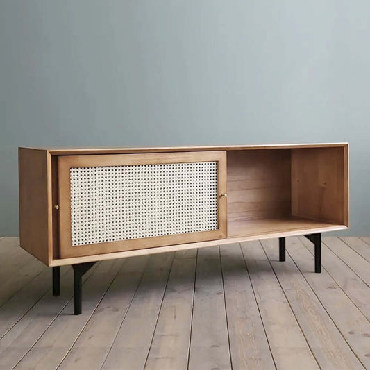 Japandi Style Brass TV Stand With Rattan Doors