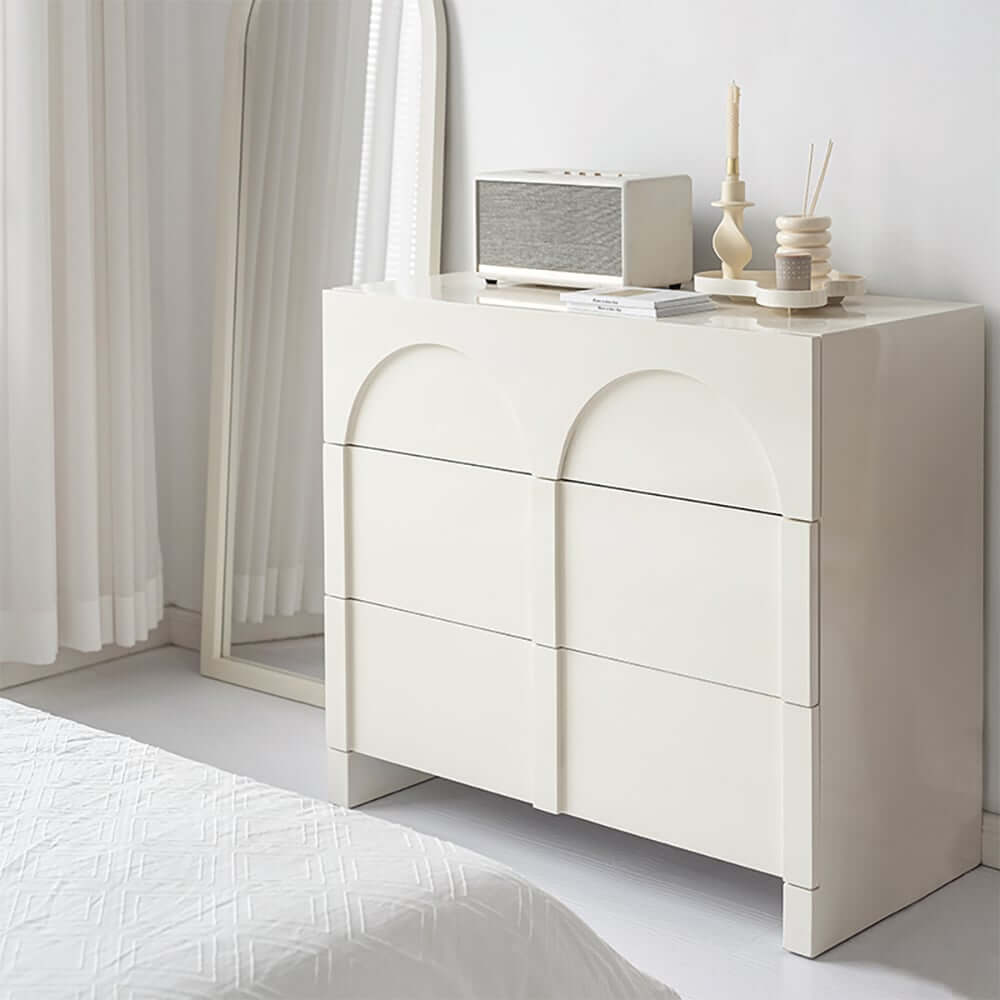 Japandi Style Three-Drawer Dresser in White and Walnut