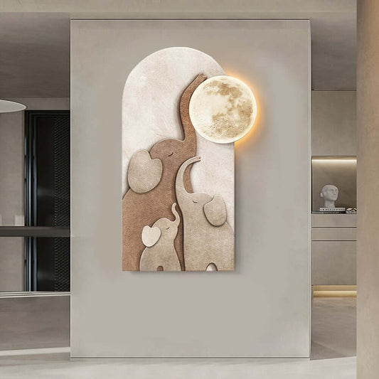 Japandi Wall Art with LED Moon and Elephant Design in MDF and Acrylic