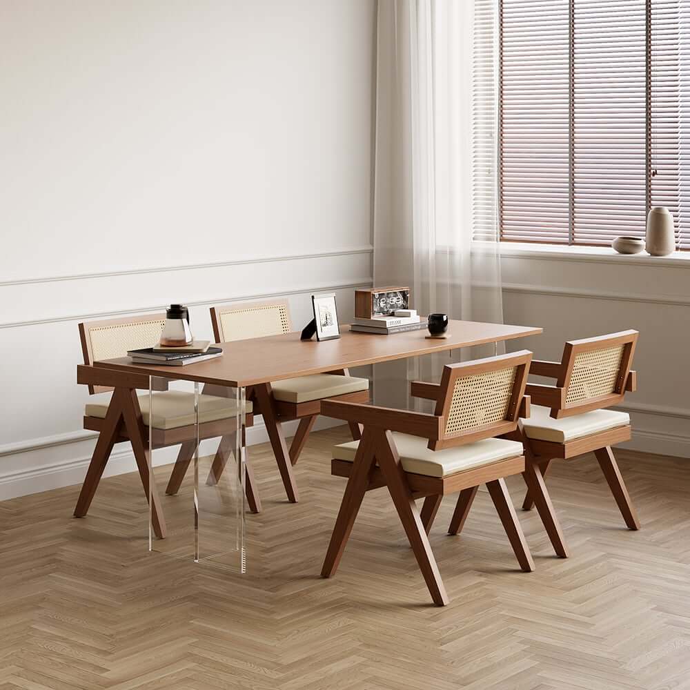 Japandi Walnut Arm Chair Set with Solid Back Design