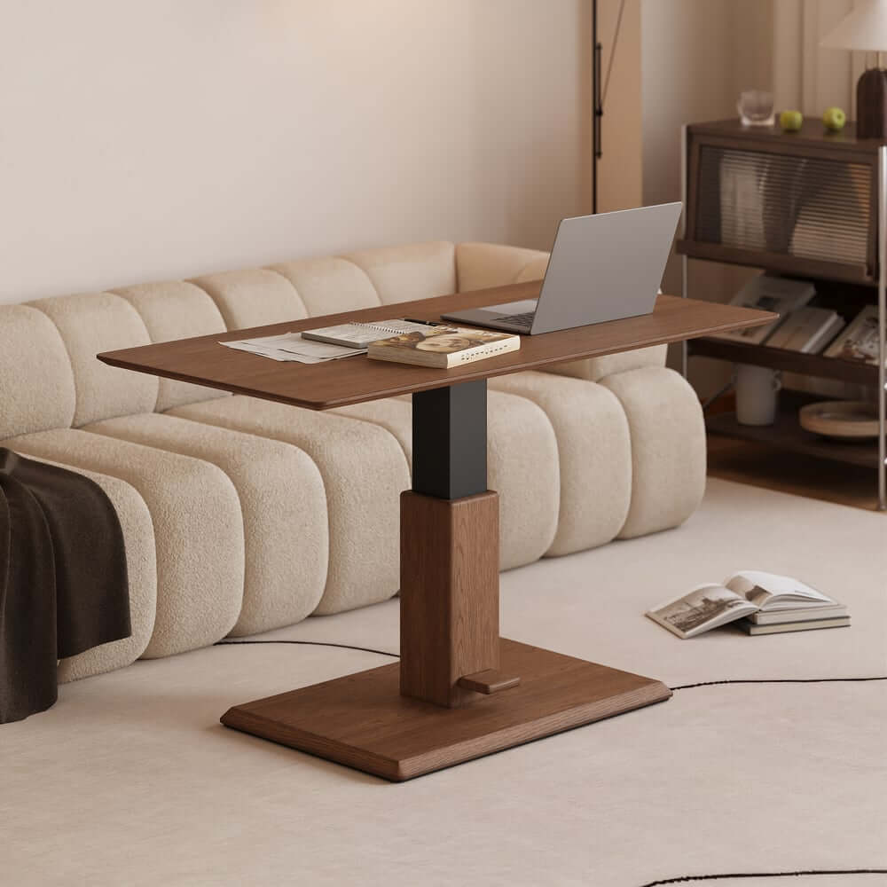 Japandi Walnut Lift-Top Coffee Table With Pedestal Base