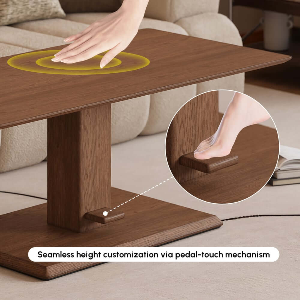 Japandi Walnut Lift-Top Coffee Table With Pedestal Base