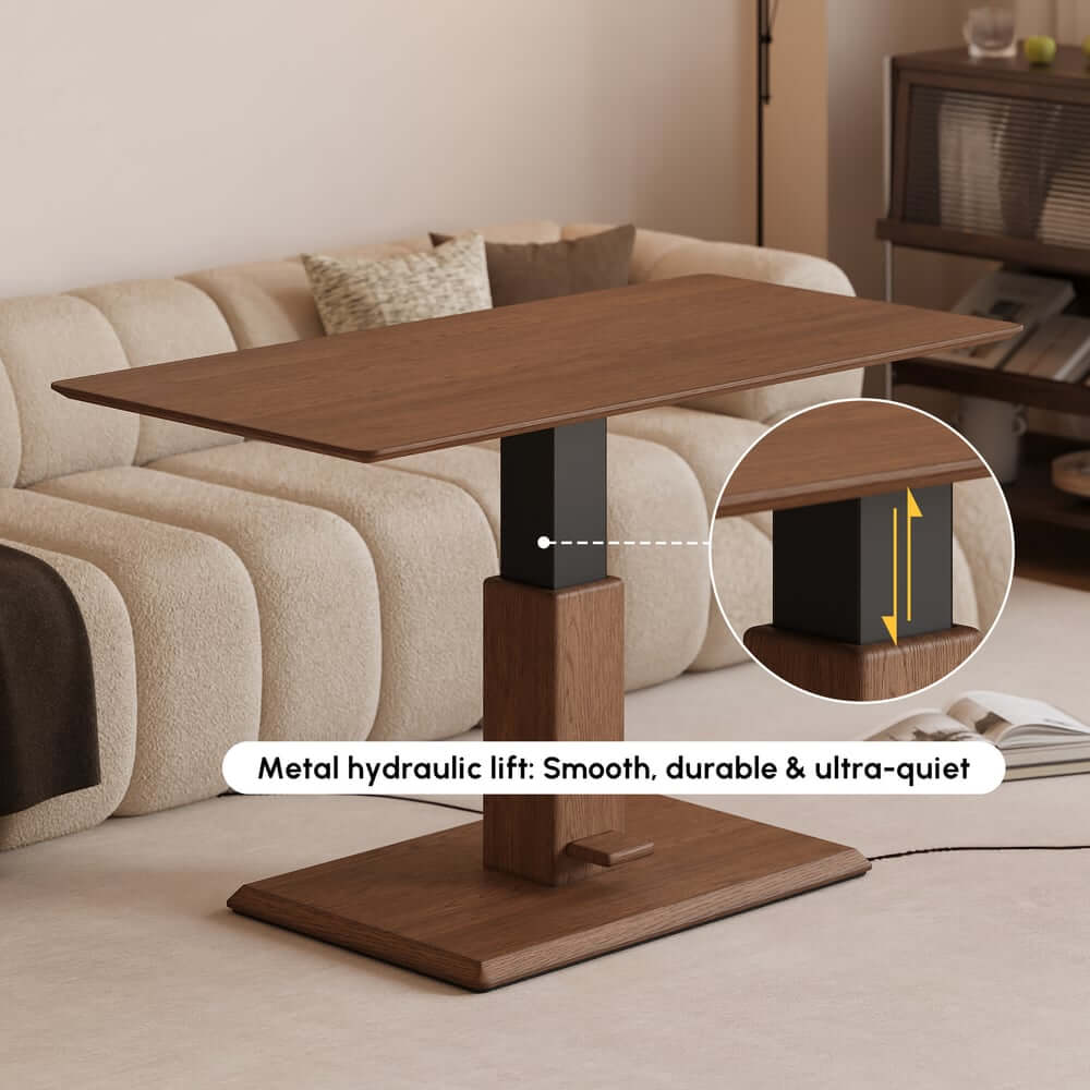Japandi Walnut Lift-Top Coffee Table With Pedestal Base