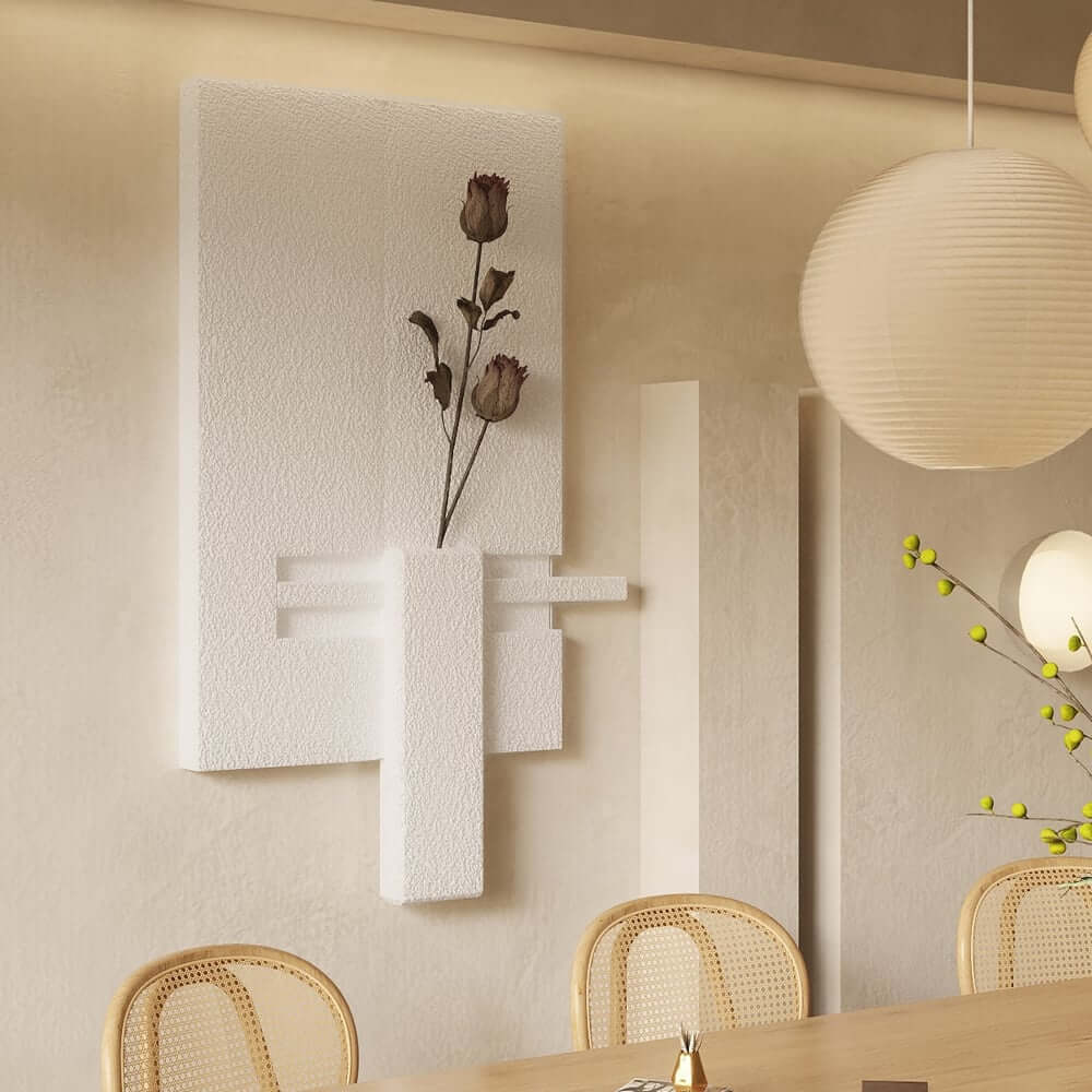 Japandi Wooden Wall Art with 3D Sandstone Texture and Vase Feature Main Product Image