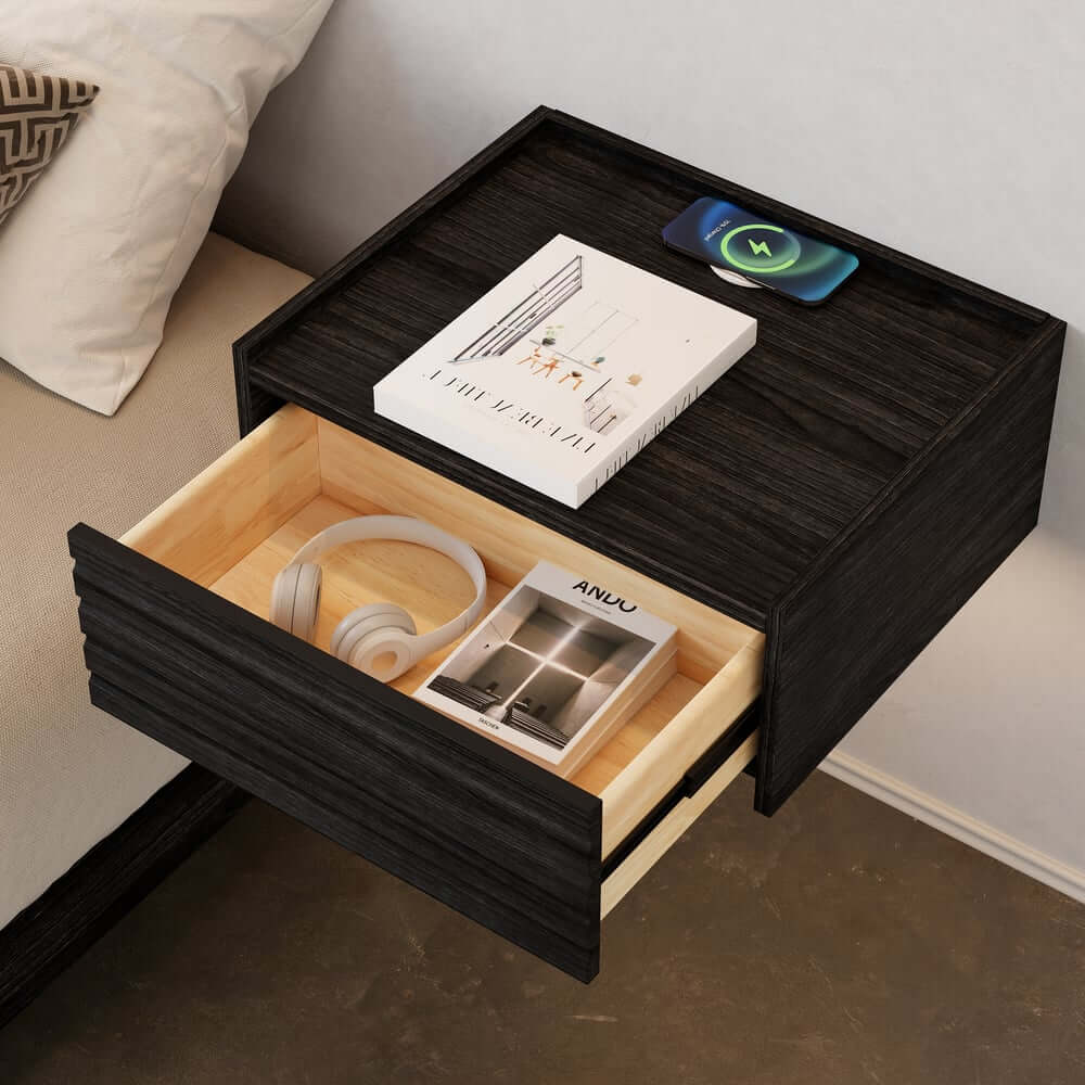 Japanese Style Floating Platform Bed with LED Lighting and Drawers