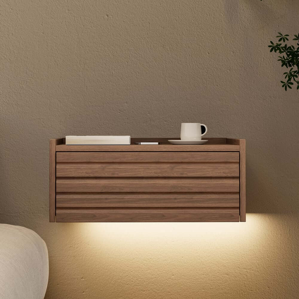 Japanese Style Floating Platform Bed with LED Lighting and Drawers