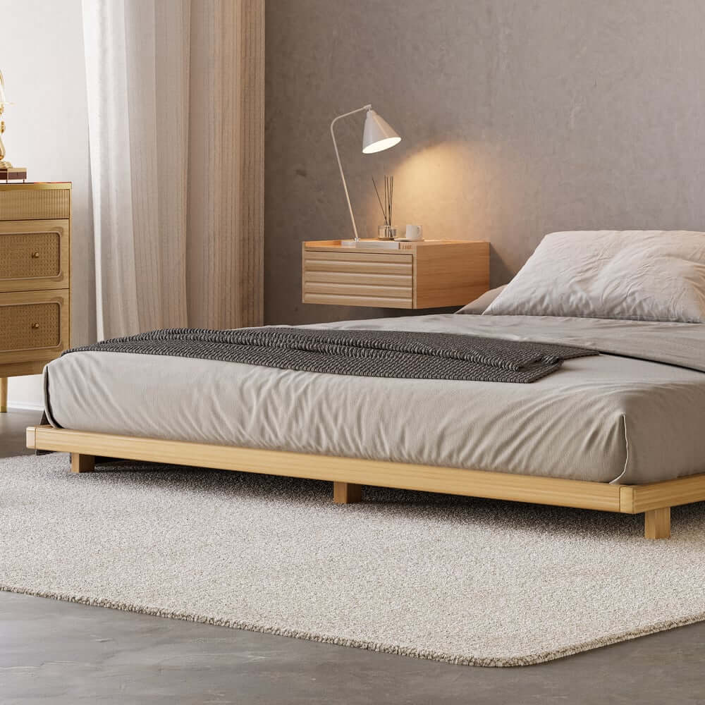 Japanese Style Floating Platform Bed with LED Lighting and Drawers