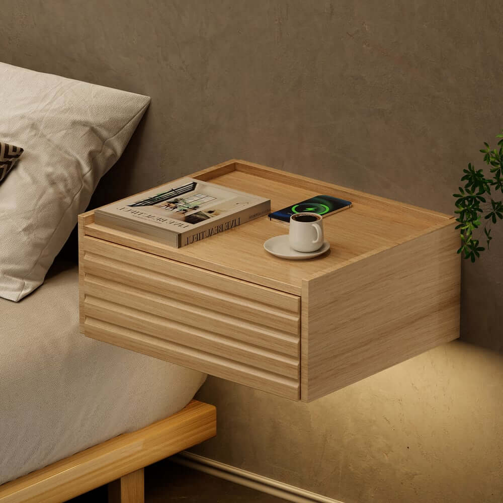 Japanese Style Floating Platform Bed with LED Lighting and Drawers