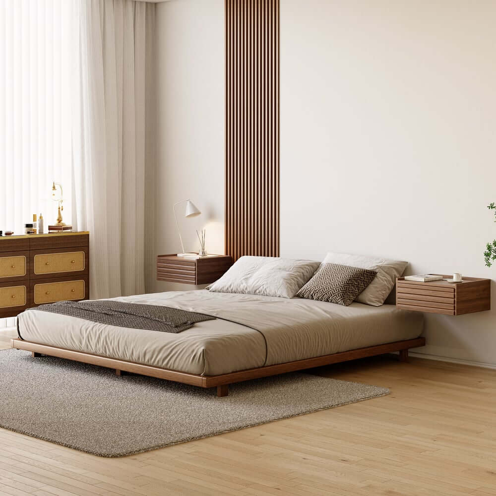 Japanese Style Floating Platform Bed with LED Lighting and Drawers