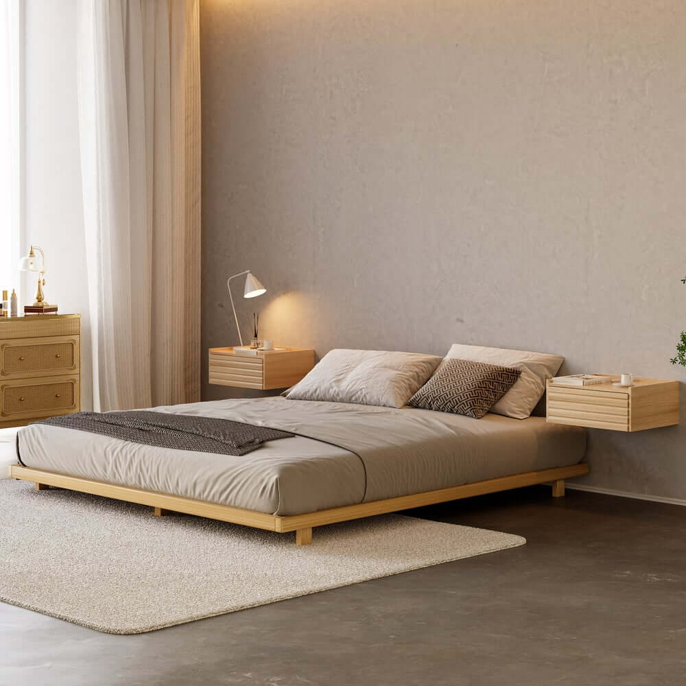 Japanese Style Floating Platform Bed with LED Lighting and Drawers