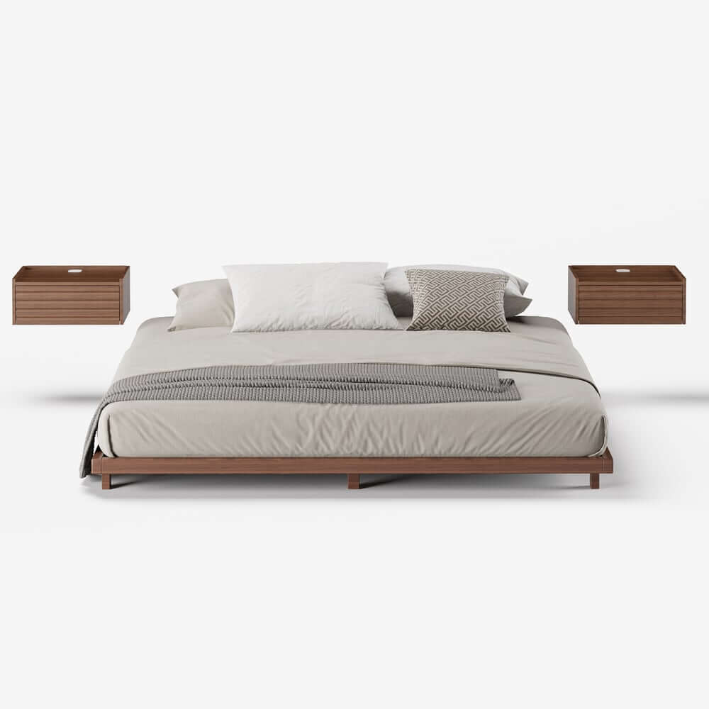 Japanese Style Floating Platform Bed with LED Lighting and Drawers