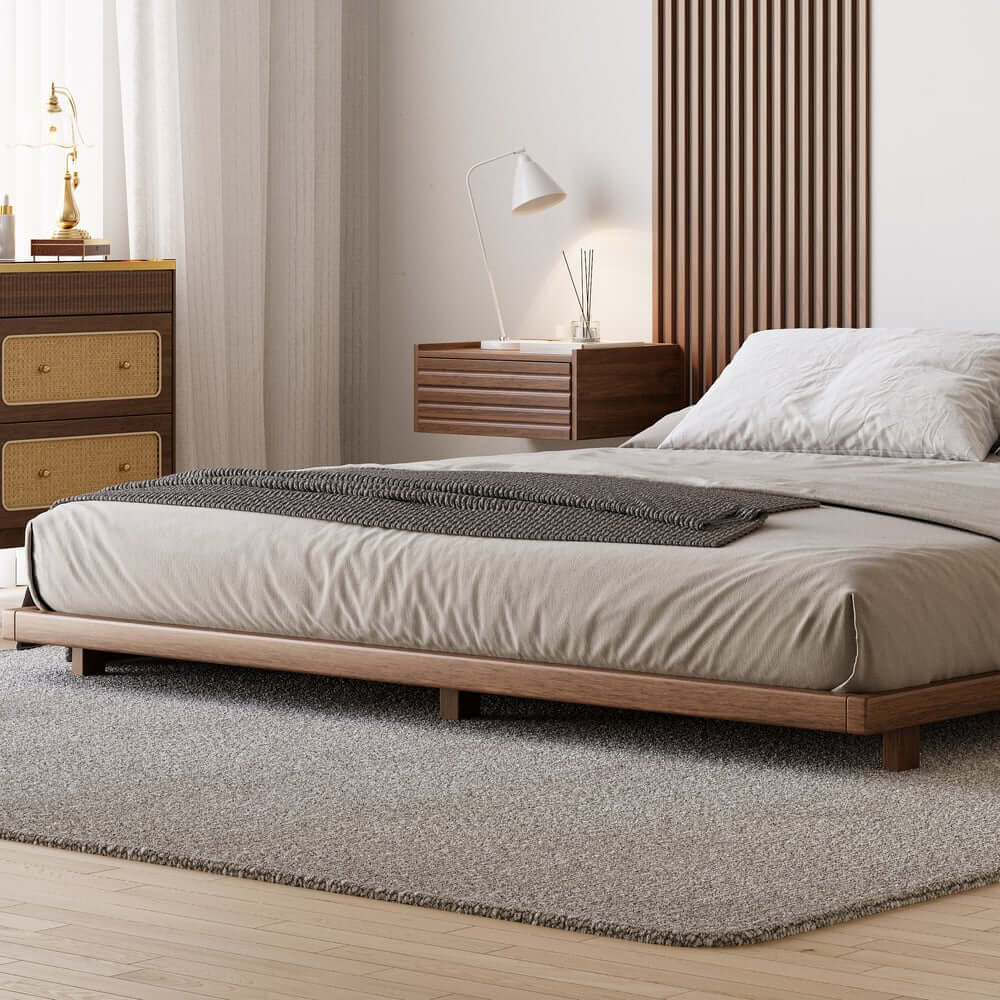 Japanese Style Floating Platform Bed with LED Lighting and Drawers