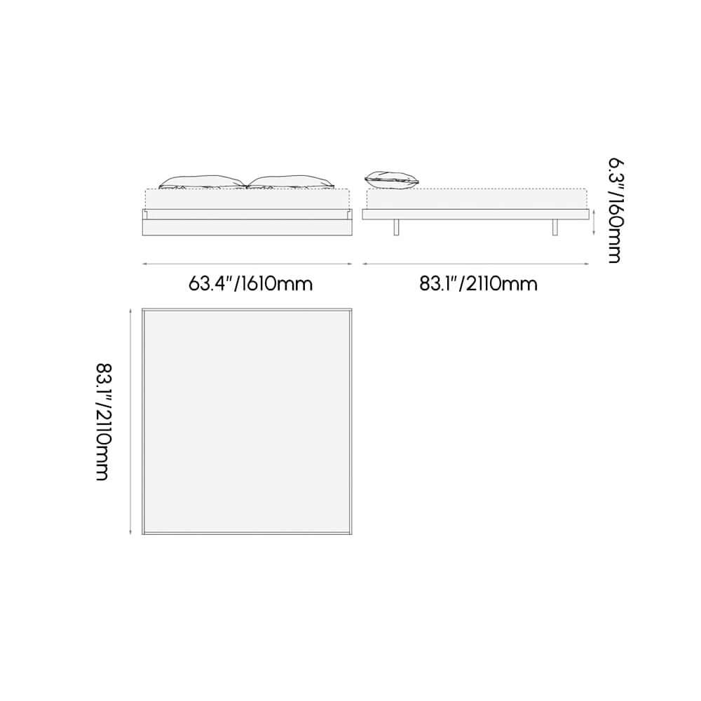 Japanese Style Floating Platform Bed with LED Lighting and Drawers Dimensions