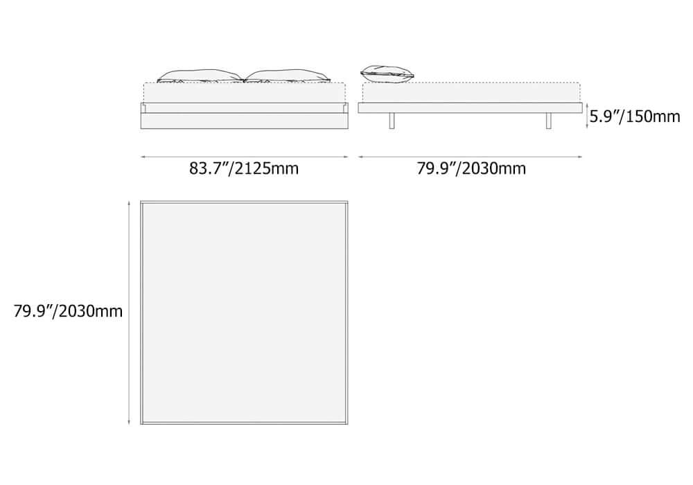 Japanese Style Floating Platform Bed with LED Lighting and Drawers Dimensions