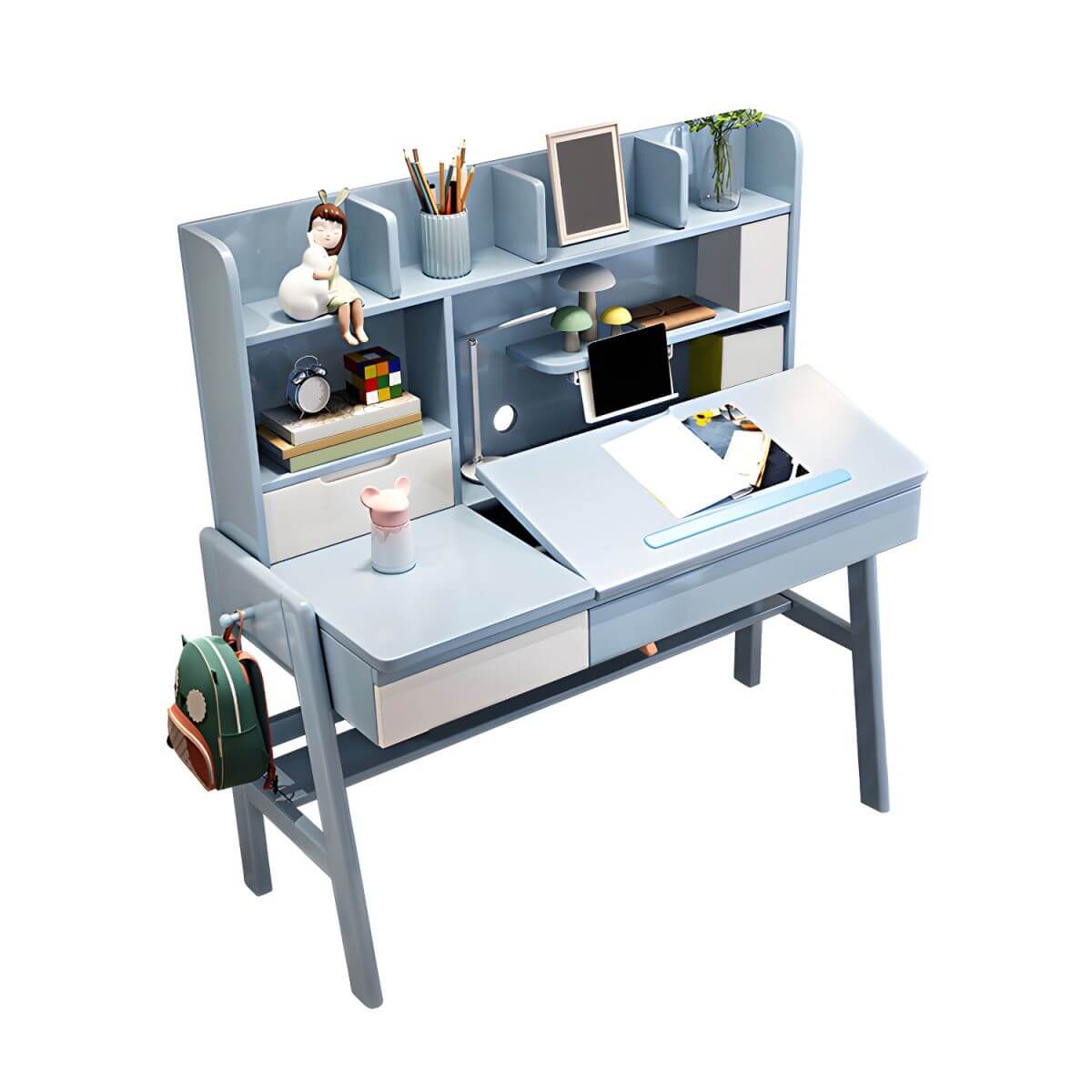 Kids Writing Desk Set with Tilt-Top and Storage Hutch