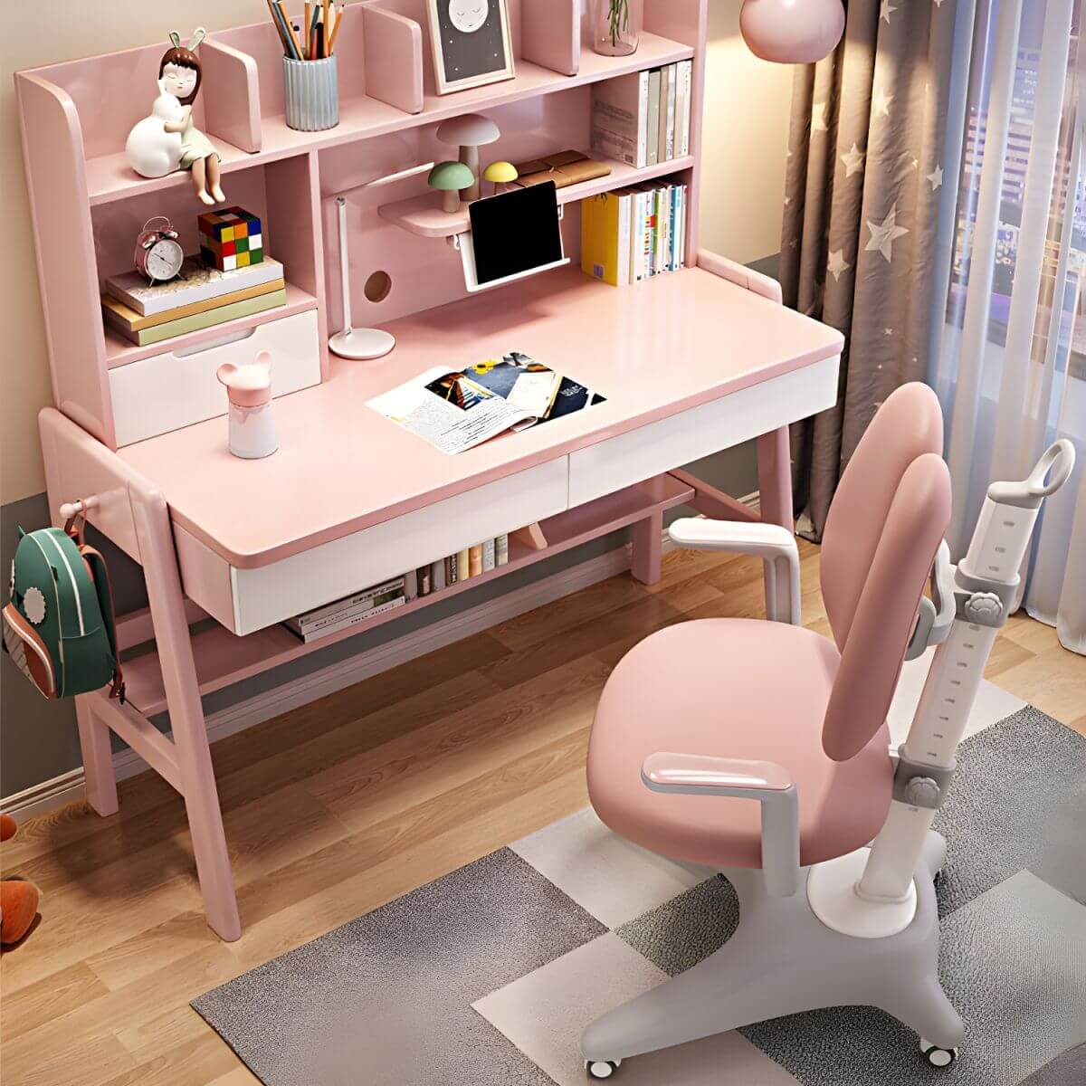 Kids Writing Desk Set with Tilt-Top and Storage Hutch