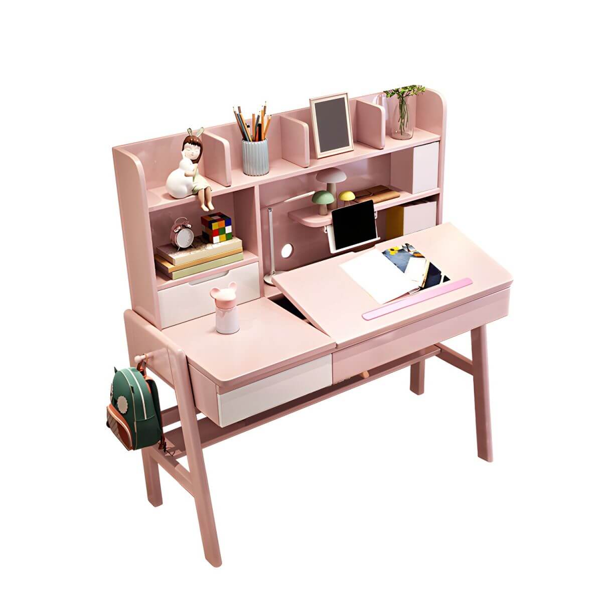 Kids Writing Desk Set with Tilt-Top and Storage Hutch