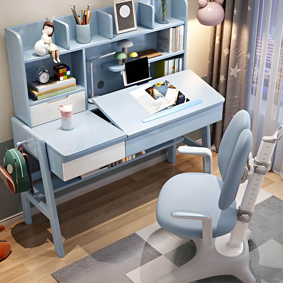 Kids Writing Desk Set with Tilt-Top and Storage Hutch