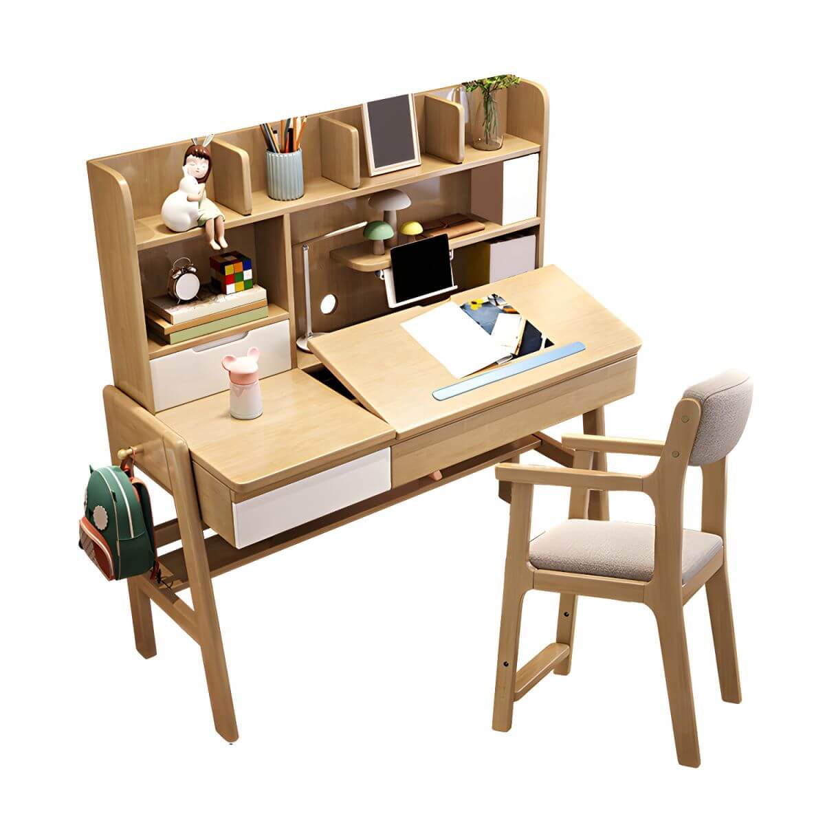 Kids Writing Desk Set with Tilt-Top and Storage Hutch