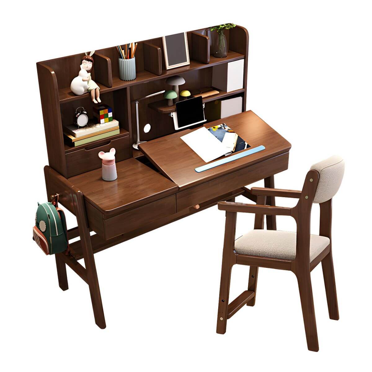Kids Writing Desk Set with Tilt-Top and Storage Hutch