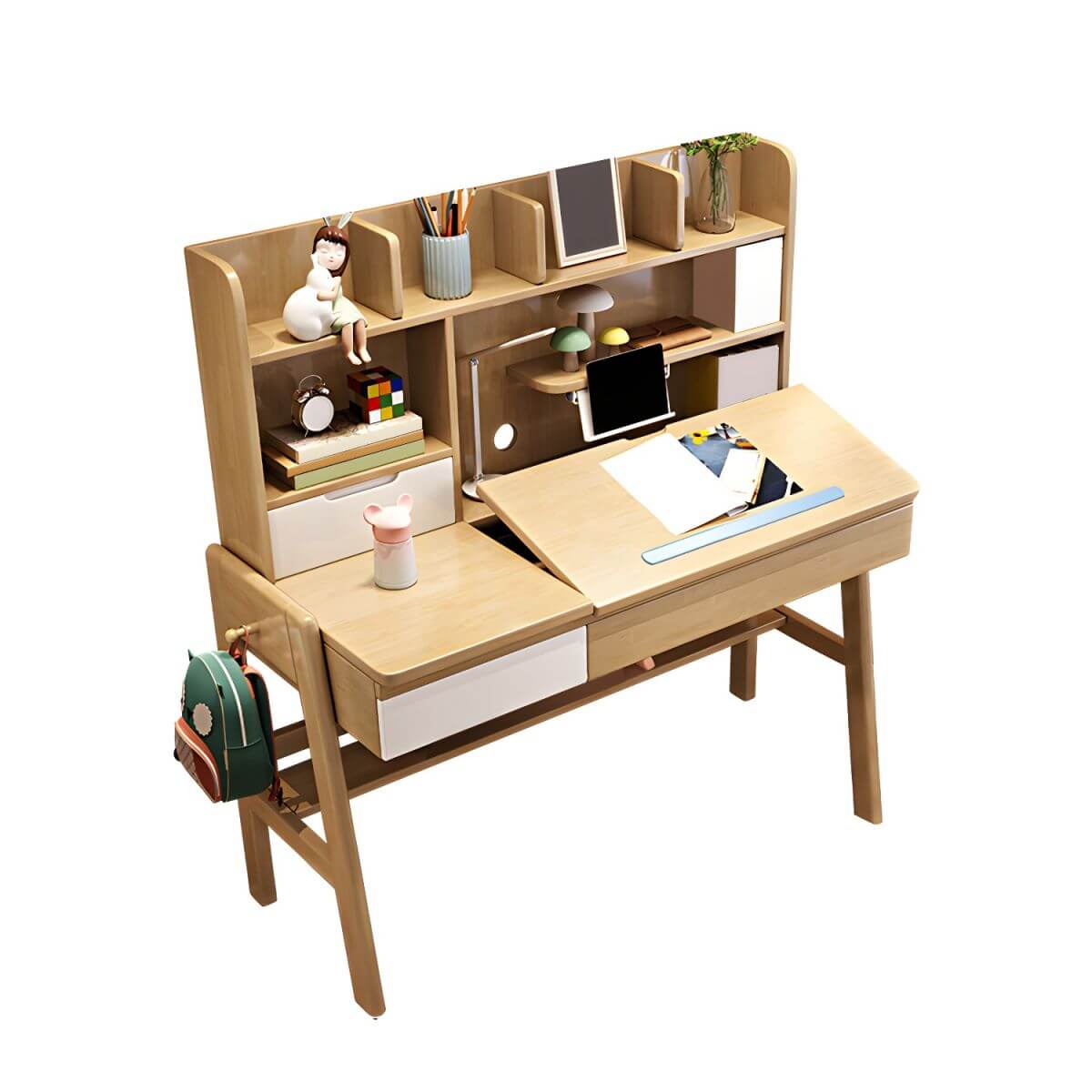 Kids Writing Desk Set with Tilt-Top and Storage Hutch