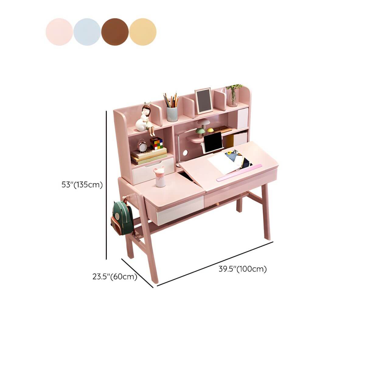 Kids Writing Desk Set with Tilt-Top and Storage Hutch Dimensions