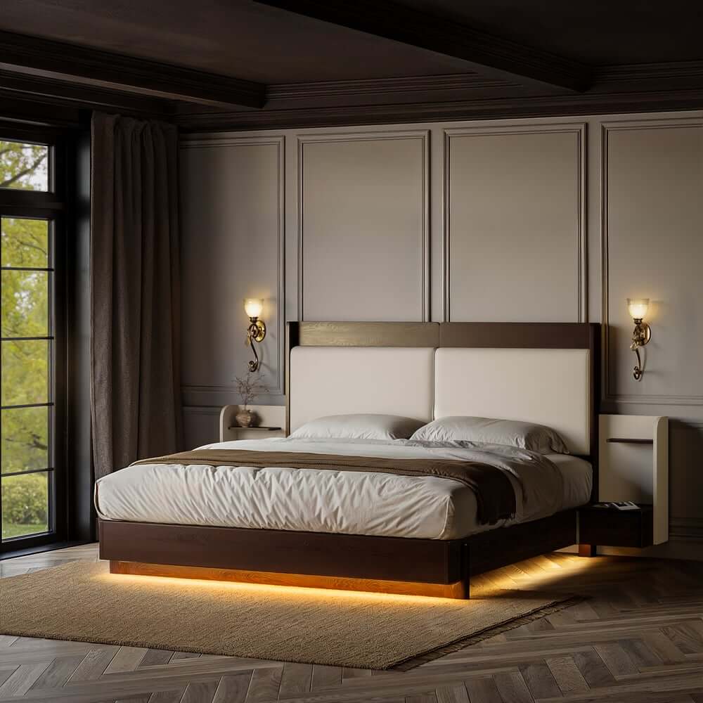 King Modern Walnut Bed With Wireless Charging & LED Lights