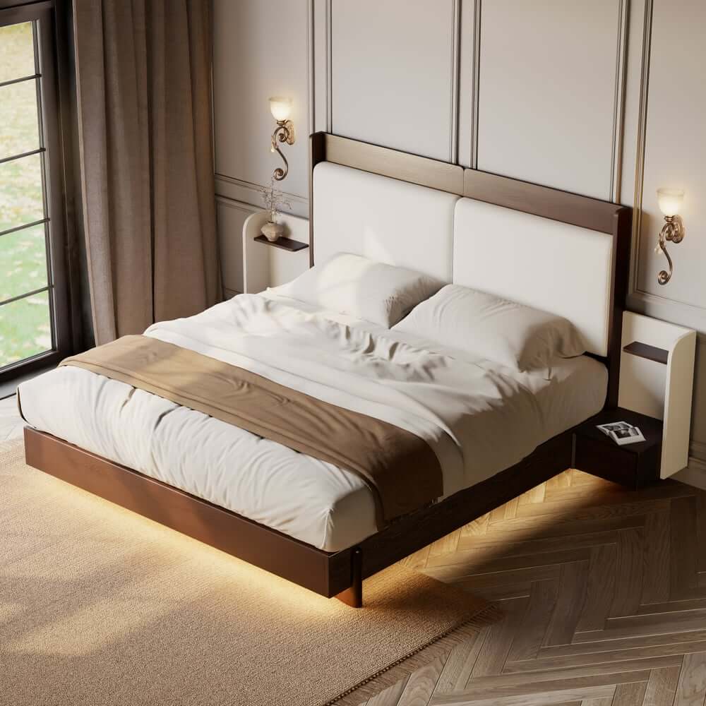 King Modern Walnut Bed With Wireless Charging & LED Lights