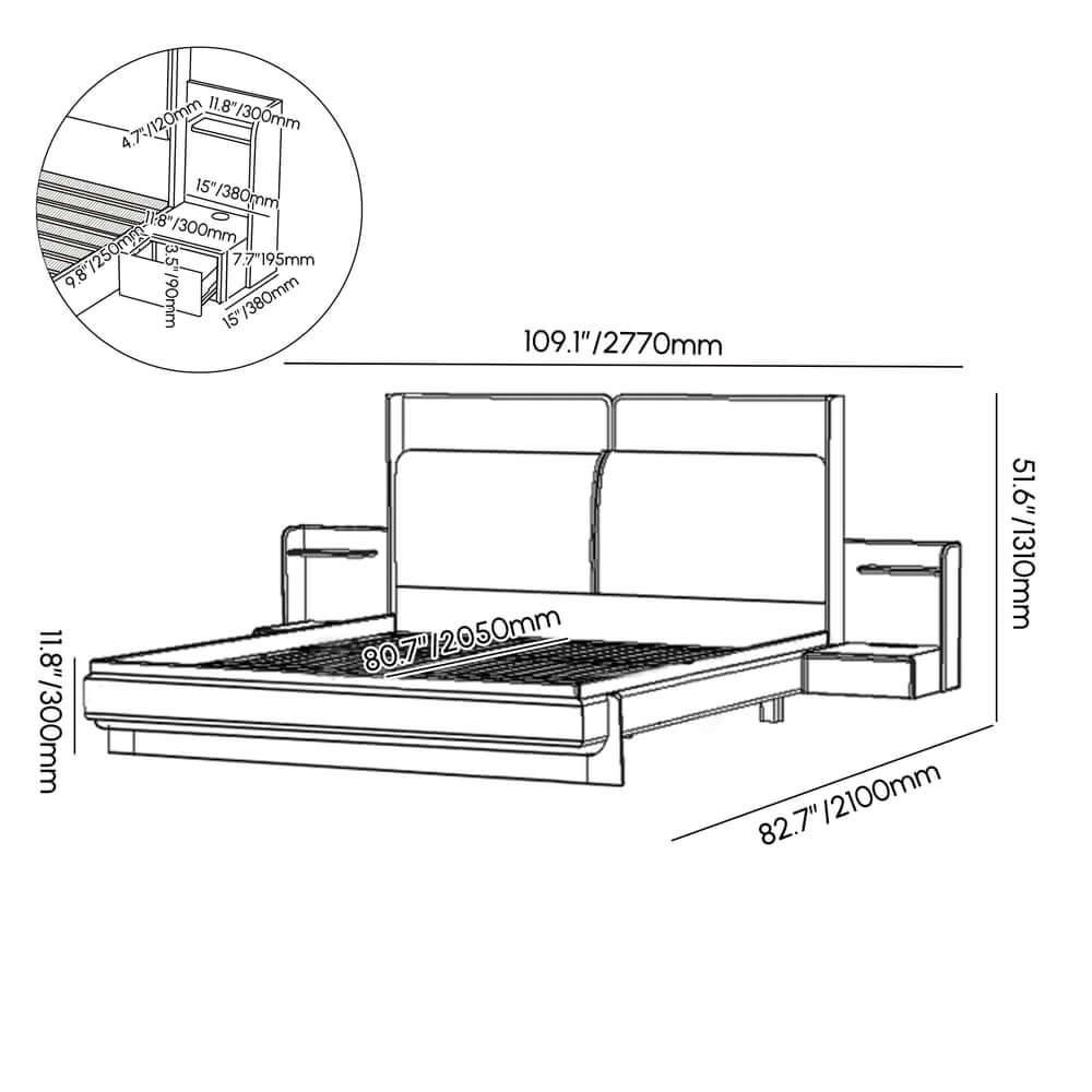 King Modern Walnut Bed With Wireless Charging & LED Lights Dimensions