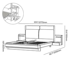 King Modern Walnut Bed With Wireless Charging & LED Lights Dimensions