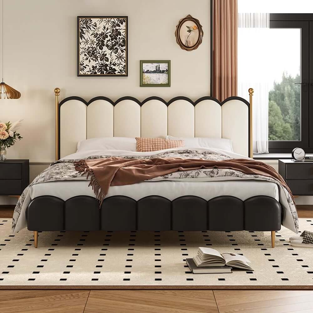 King Platform Bed with Black & White Piano Headboard