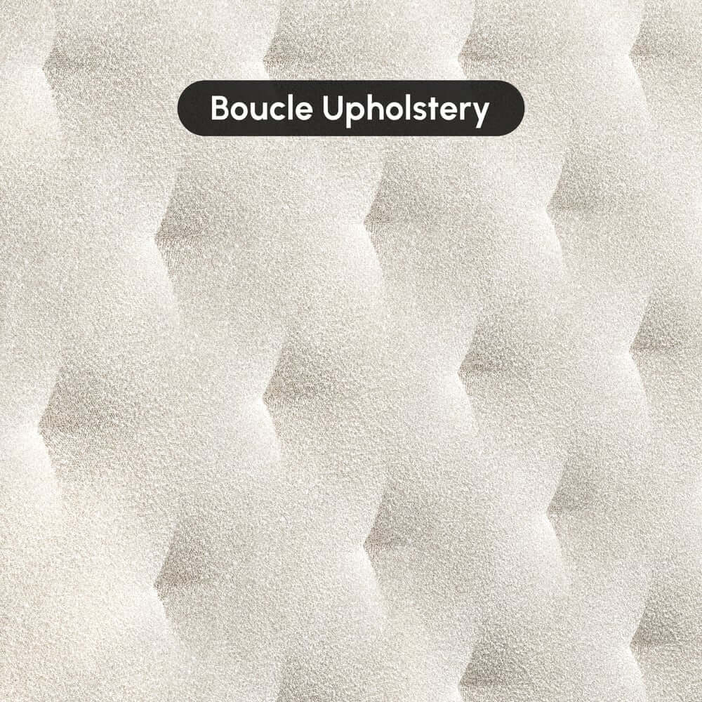 King Platform Bed With Boucle Upholstery & Oval Headboard