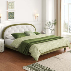 King Platform Bed With Boucle Upholstery & Oval Headboard
