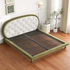King Platform Bed With Boucle Upholstery & Oval Headboard