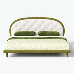 King Platform Bed With Boucle Upholstery & Oval Headboard