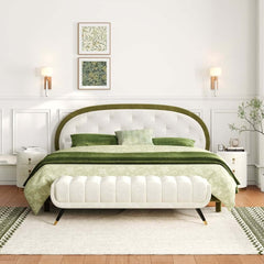 King Platform Bed With Boucle Upholstery & Oval Headboard