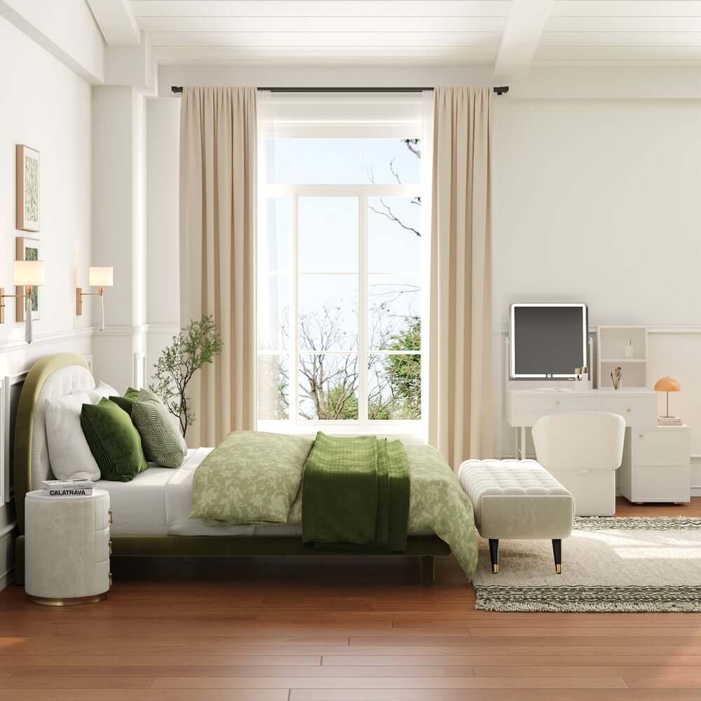 King Platform Bed With Boucle Upholstery & Oval Headboard