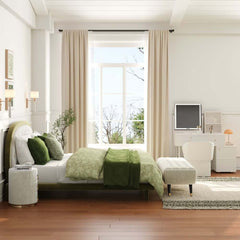 King Platform Bed With Boucle Upholstery & Oval Headboard