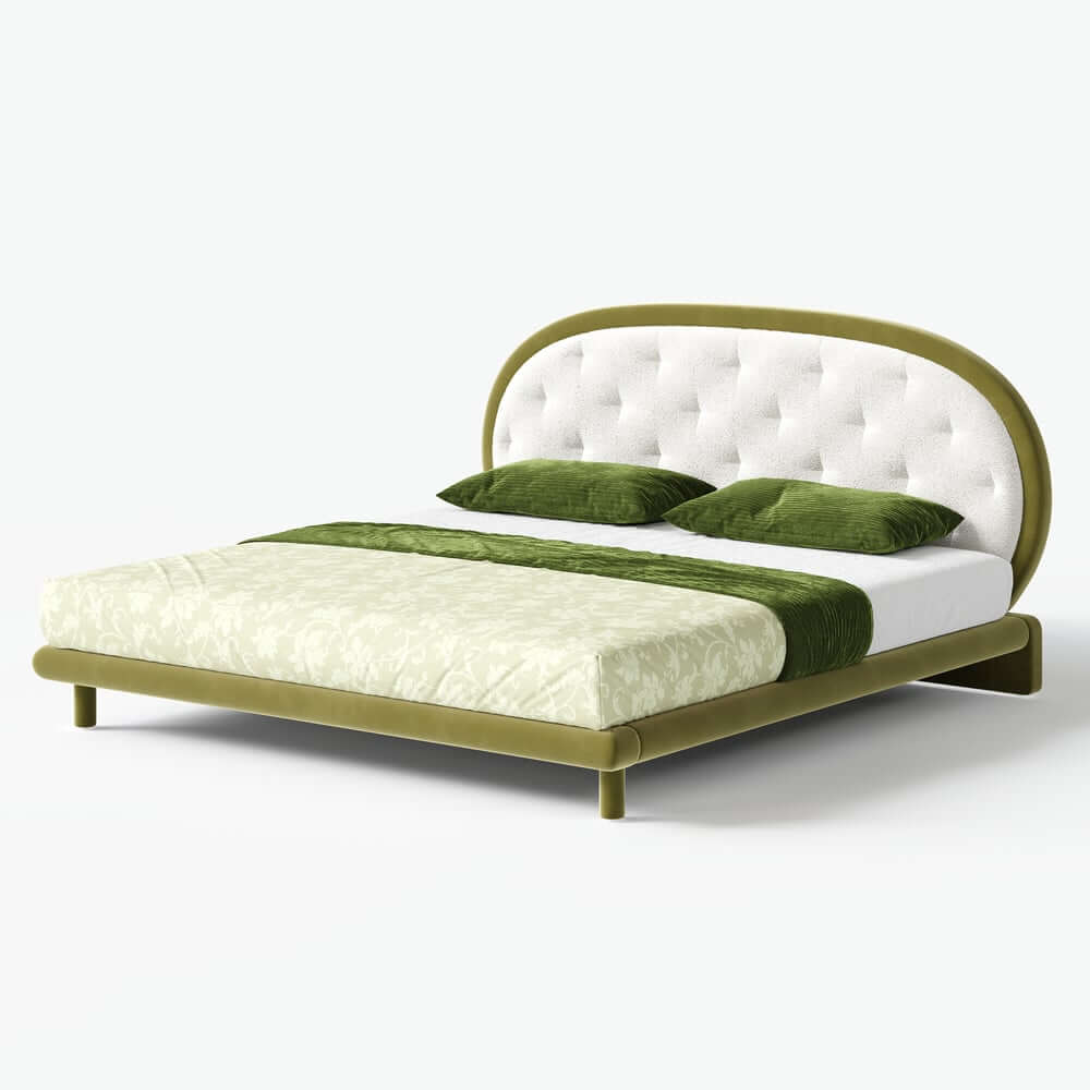 King Platform Bed With Boucle Upholstery & Oval Headboard