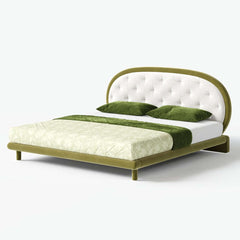 King Platform Bed With Boucle Upholstery & Oval Headboard