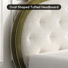 King Platform Bed With Boucle Upholstery & Oval Headboard