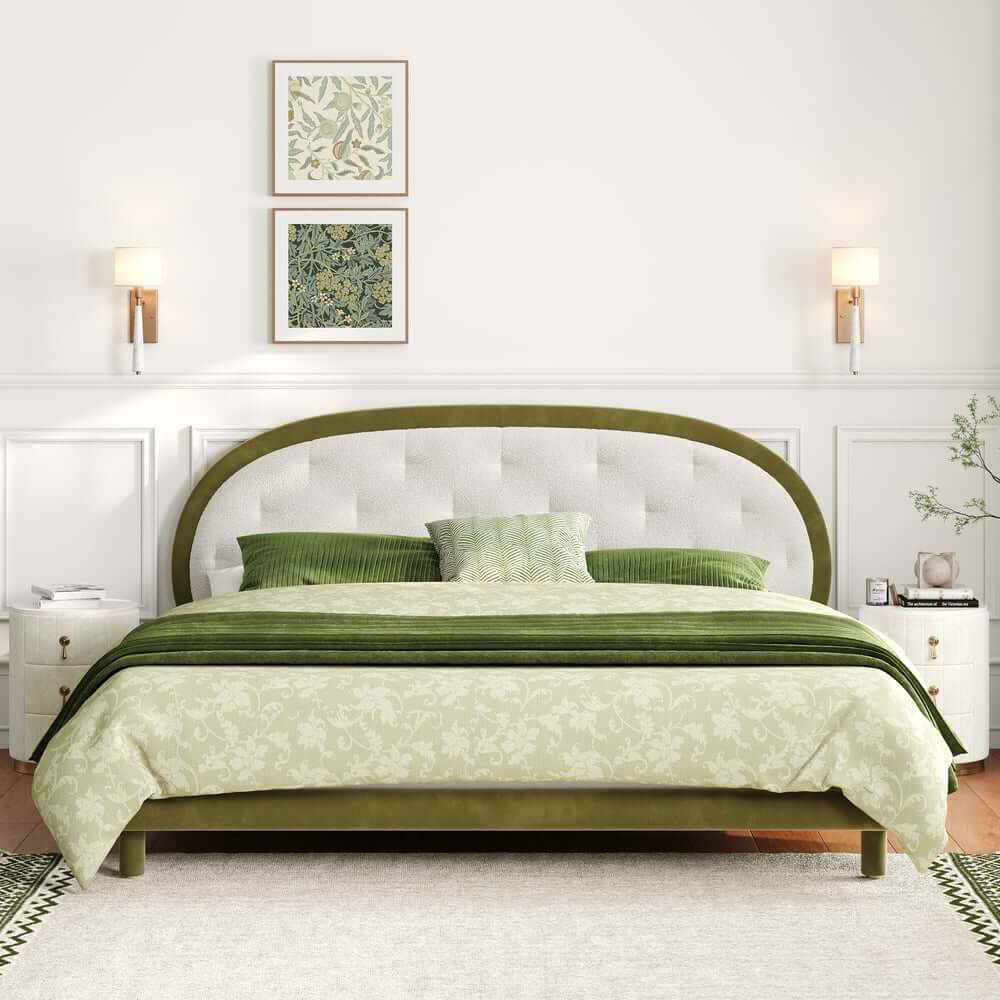 King Platform Bed With Boucle Upholstery & Oval Headboard Main Product Image