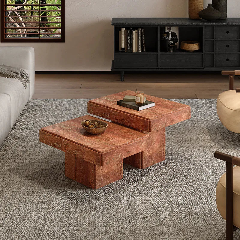 Layered Travertine Coffee Table Nest Set With Sculpted Form and Soft Edges