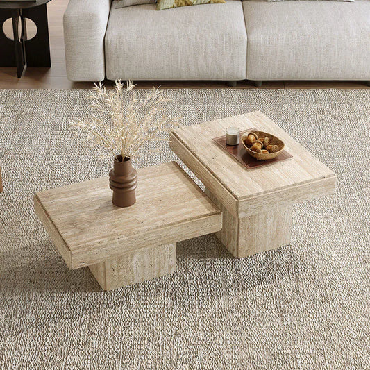 Layered Travertine Coffee Table Nest Set With Sculpted Form and Soft Edges