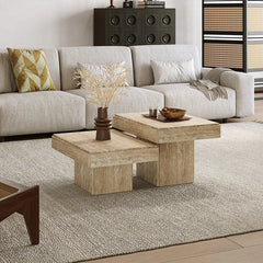 Layered Travertine Coffee Table Nest Set With Sculpted Form and Soft Edges
