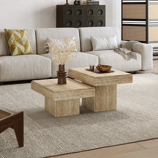 Layered Travertine Coffee Table Nest Set With Sculpted Form and Soft Edges Main Product Image