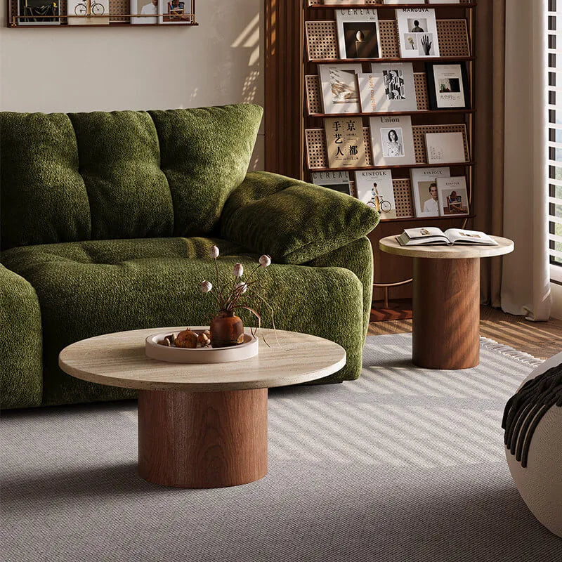Layered Travertine Coffee Table Set, Warm Wood Base, Flexible Round Pair